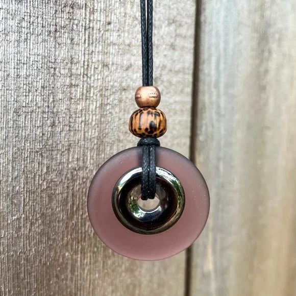 Hematite and Purple Sea Glass Pendant Handmade - Picture 4 of 6